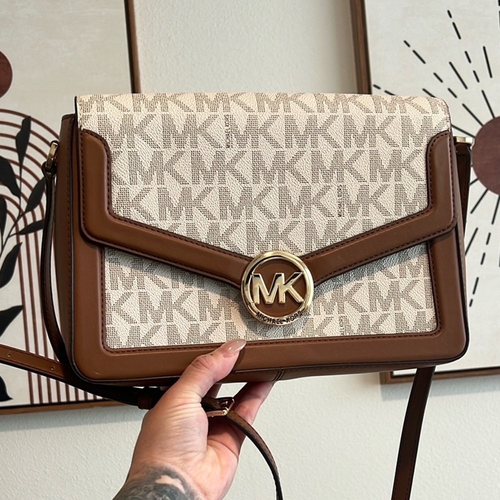Michael Kors Brown and Cream Crossbody Bag with Monogram Pattern
